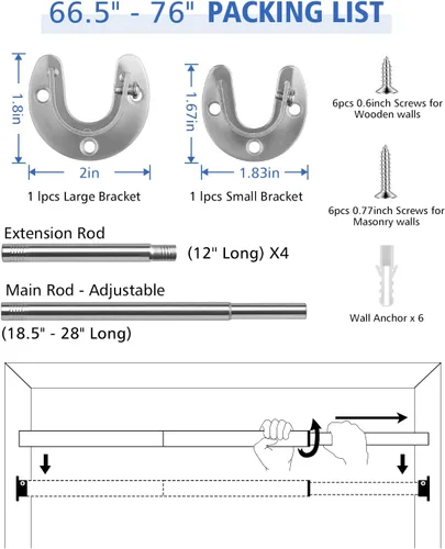 Miniatura 6 de Barras de armario para colgar ropa, resistentes, longitud ajustable (plata, 66.5 - 76 pulgadas)