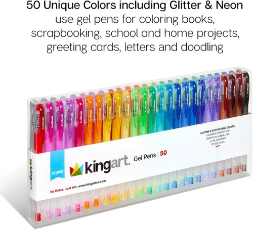 Miniatura 5 de KINGART Bolígrafos de gel de punta redonda con purpurina, 50 colores brillantes con comodidad de agarre suave, cartucho de tinta XL, más tinta