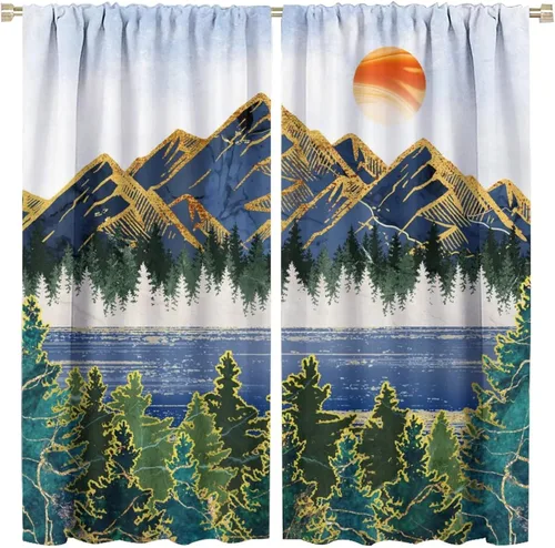Miniatura 19 de Cortinas opacas con bolsillo para cortinero de montaña forestal, para sala de estar, oscurecimiento de la habitación, estilo japonés, paisaje