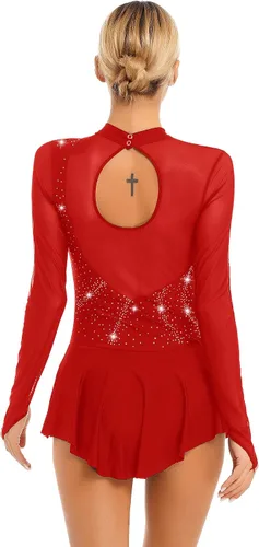 Miniatura 2 de Vestido de patinaje sobre hielo artístico para mujer, manga larga, diamantes de imitación brillantes, patinaje sobre ruedas, disfraz de danza lírica
