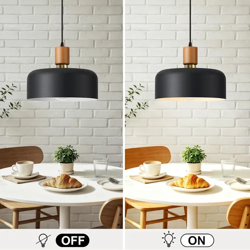 Miniatura 2 de Lámpara colgante moderna negra sobre isla de cocina, iluminación colgante industrial, lámpara colgante de techo de madera ajustable para comedor