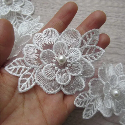 Miniatura 11 de 2 yardas de encaje de flores 3D con perlas bordadas, de poliéster, cinta de encaje con aplicación de patchwork para vestido de novia, manualidades
