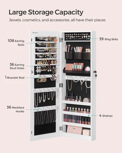 Miniatura 36 de SONGMICS Gabinete colgante de joyería, gabinete de pared con luces interiores LED, organizador de joyas montado en la puerta, espejo de cuerpo Blanco