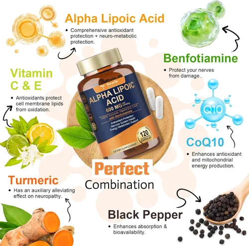Miniatura 2 de Ácido Alfa Lipoico 600mg con Benfotiamina 300mg - Suplemento ALA para Apoyo de Neuropatía, Salud Nerviosa y Antioxidante, Energía Celular
