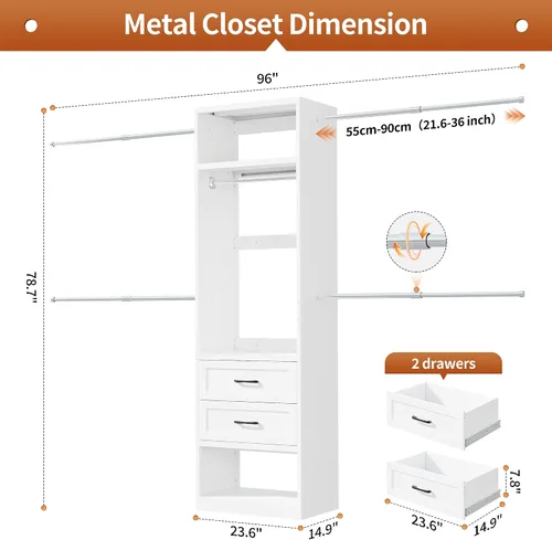 Miniatura 3 de Sistema de Armario de 79" de Altura, Organizador de Armario de Metal de 2-8.2 Pies con 4 Barras Colgantes Expandibles, Organizadores de Vestidor