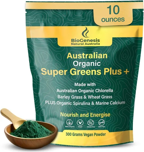 Biogenesis SuperGreens Plus Polvo – 10.58 oz | Sin sabor | Clorella orgánica, pasto de trigo, hierba de cebada y espirulina | Cultivado en Australia