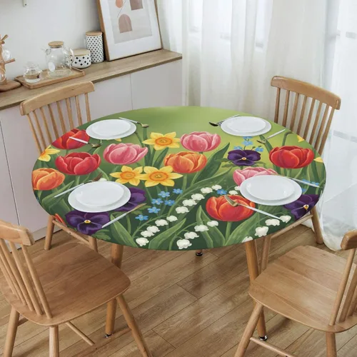 Miniatura 17 de Futterya Decorative Round Tablecloth Fitted Elastic Waterproof Table Cloth Cover Stretch Table Pad Cover for Parties Weddings Banquet Outdoor Events