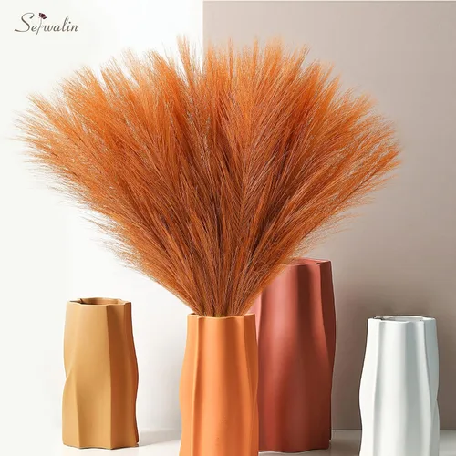 Miniatura 9 de Serwalin Decoración de Hierba de Pampas de 17.7 Pulgadas 6 Piezas Hierba de Pampas Naranja, Hierba de Pampas Falsa Naranja Quemado Decoración Boho