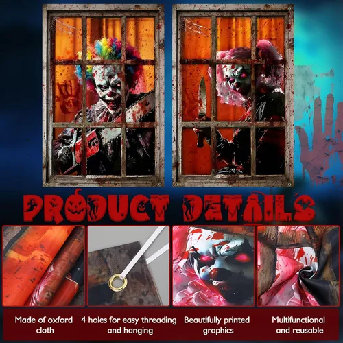 Miniatura 5 de SmoothNovelty 4 Pack Halloween Window Decorations Halloween Clown Curtain Scary Window Silhouettes Cover, Horror Clown with Blood for Garage Door