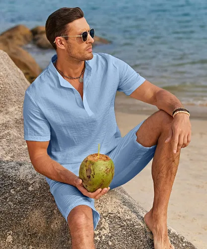 Miniatura 2 de COOFANDY Conjunto de 2 piezas de lino para hombre, camisas Henley casuales de manga corta, pantalones cortos de yoga para la playa, pantalones
