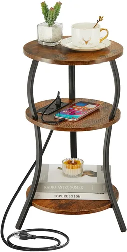 Miniatura 16 de Mesa auxiliar redonda pequeña vintage, mesa auxiliar circular de 3 niveles con cintura delgada con estante de almacenamiento, mesa auxiliar compacta
