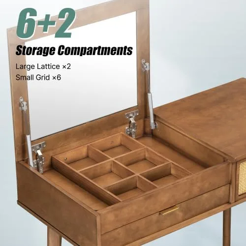 Miniatura 5 de Escritorio de tocador de 43.3 pulgadas con espejo abatible y taburete, moderno juego de mesa de maquillaje con 3 cajones, juego de tocador