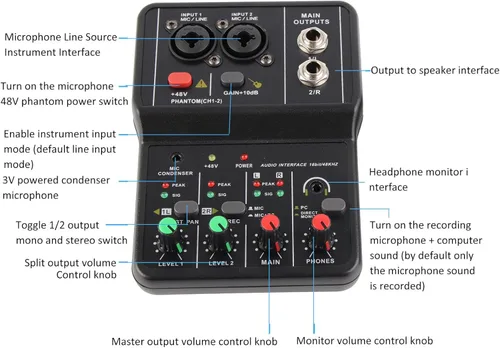 Mezclador de audio de 2 canales, tablero de sonido profesional USB de 48 V de potencia pequeña consola de mezcla de sonido DJ mezcla, para grabación