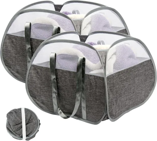 Miniatura 9 de Cesta de lavandería plegable, cesta de ropa plegable emergente de 90L con asas, cesta de ropa sucia de malla cuadrada para lavandería, baño