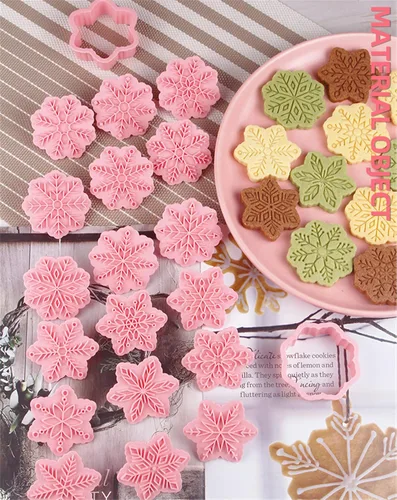 Miniatura 9 de Juego de 9 patrones de sellos de galletas de copo de nieve 3D, plástico de grado alimenticio, 6 ramas con forma de copos de nieve, cortadores