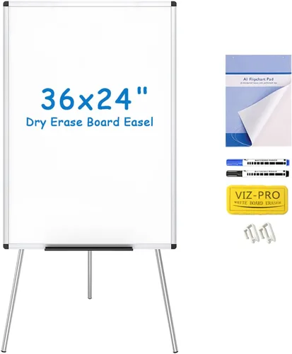 VIZ-PRO Caballete para pizarra blanca, 36 x 24 pulgadas, tablero de borrado en seco portátil, altura ajustable con bloc de notas desplegable