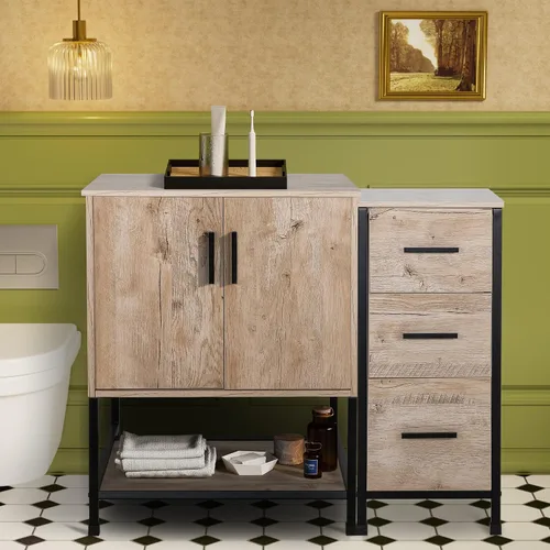 Miniatura 64 de UEV Juego de tocador de baño rústico marrón de 36 pulgadas con fregadero, marco de hierro industrial con 3 cajones laterales, fregadero de cerámica