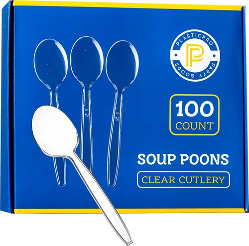 Plasticpro Cubiertos desechables de plástico transparente, utensilios desechables pesados, 100 unidades (cucharas de sopa)