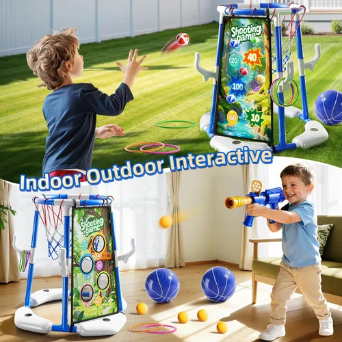 Miniatura 3 de NIPLOOOW Aro de baloncesto para piscina, juego de anillos flotantes 4 en 1 con 4 bolas, lanzador de bomba de aire y bolas adhesivas, juego