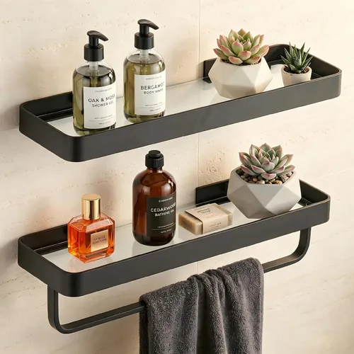 Miniatura 9 de VOLPONE Estante de vidrio para baño de 15.7 pulgadas, estantes de baño negros montados en la pared, estantería de vidrio templado con 2 ganchos