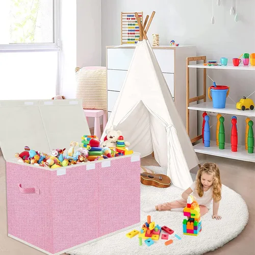 Miniatura 8 de Caja grande plegable de almacenamiento para juguetes con tapa y asas - Baúl organizador para niños para juguetes, ropa, mantas