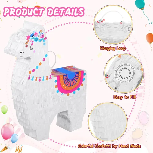 Miniatura 7 de Wettarn Fiesta de piñata de llama para suministros de fiesta mexicana, incluye palo de piñata y venda, confeti para celebraciones de cumpleaños