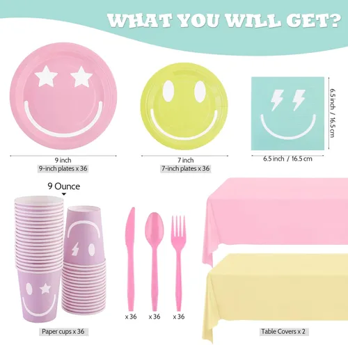Miniatura 2 de durony 254 piezas de decoración de fiesta de cara sonriente pastel pastel sonriente platos de papel servilletas, tazas, tenedores, cuchillos