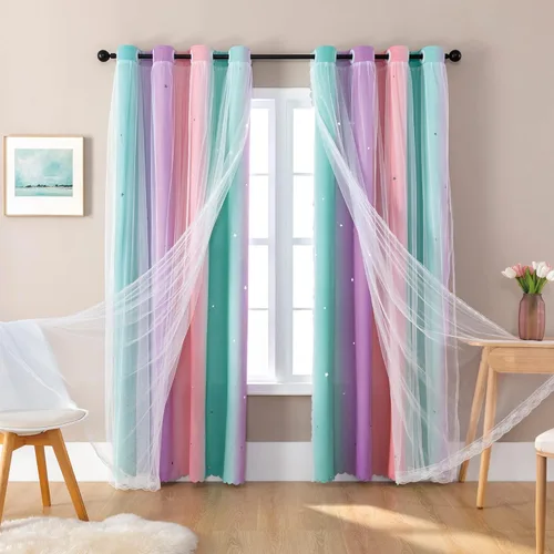 Miniatura 107 de XiDi Cortinas opacas con estrellas para habitaciones de niños, cortinas verdes para ventana de dormitorio de niños, azul y gris, 52 pulgadas de Azul