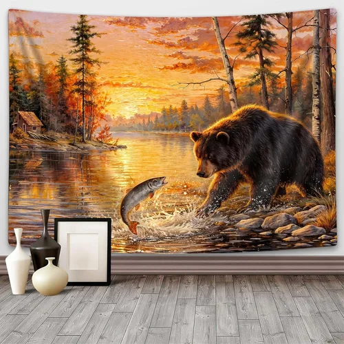 DYNH Black Bear Fishing Tapestry, Lake Sunset Cabin Wall Hanging,Wildlife Nature Forest Landscape Tapestries for Bedroom Living Room Dorm TV