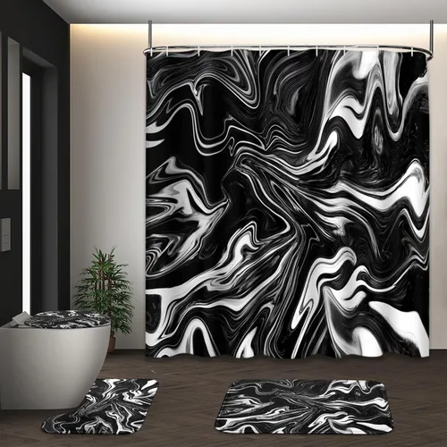 Miniatura 5 de ArtSocket Juego de cortina de ducha en blanco y negro con alfombras, juego de baño de mármol con alfombra antideslizante, cubierta para tapa
