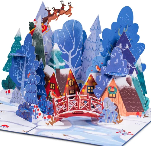 Paper Love Tarjeta desplegable 3D de Navidad de pueblo mágico, regalo para invierno, Navidad o fiestas, portada de 5 x 7 pulgadas, incluye sobre y