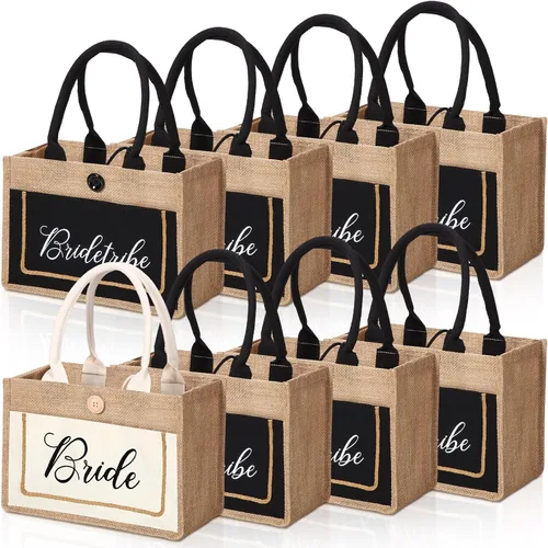 Buryeah Paquete de 8 bolsas de mano para novia, tribu, regalo de boda, bolsa de arpillera nupcial con asas, bolsa de yute nupcial reutilizable para