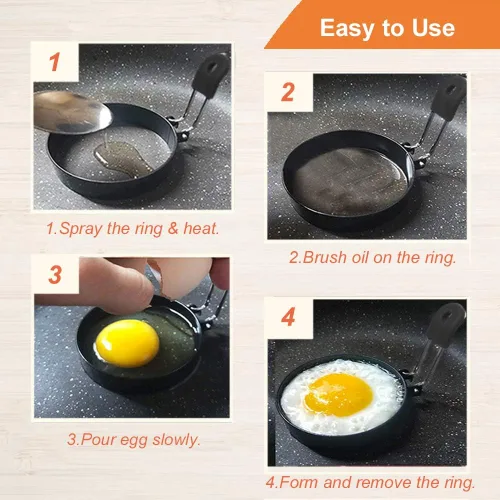 Miniatura 10 de COTEY Juego de 2 anillos de huevo de 3.5 pulgadas con mango de silicona, anillo grande para freír huevos, molde redondo para magdalenas inglesas