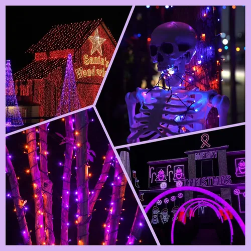 Miniatura 6 de Guirnalda de luces moradas y naranjas de Halloween, se pueden conectar entre sí, 2 unidades, 164 pies, 400 LED, 13 modos, impermeable