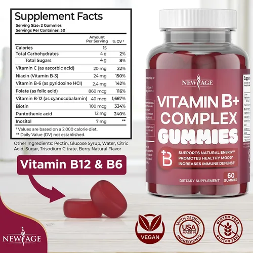 Miniatura 2 de NEW AGE - Gomitas de complejo de vitamina B con vitamina B3, B5, B6, B7, B9 y B12, con biotina, ácido fólico y vitamina C, sin gluten, veganas