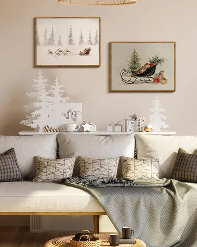 Miniatura 5 de Arte de pared con trineo, árbol navideño y cajas de regalo, 12 x 16 pulgadas, lienzo enmarcado de Navidad, cuadro rústico festivo, obra de arte