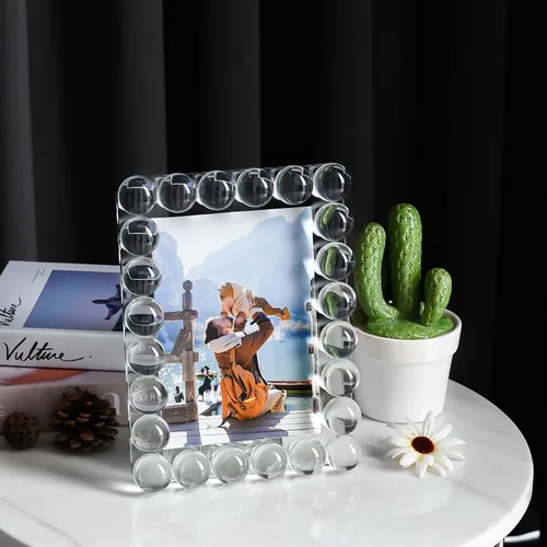 Miniatura 7 de Marco de fotos de cristal transparente de 5 x 7 pulgadas, marco de fotos con 24 bolas de alta calidad, perfecto para oficina, hogar y decoración