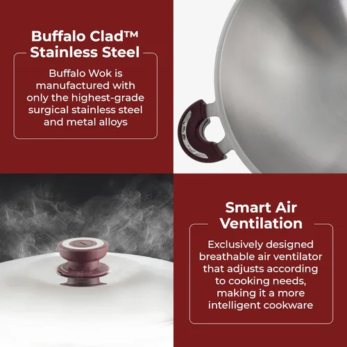 Miniatura 2 de BUFFALO Sartén para wok de acero inoxidable con tapa, parte inferior redonda de 14 pulgadas (13.8 in), utensilios de cocina antiadherentes de tres