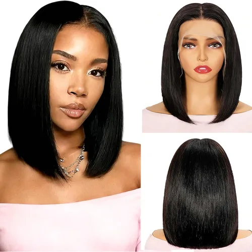 Miniatura 12 de Peluca de cabello humano lacio marrón con reflejos de 13 x 4, peluca frontal de encaje transparente #4, peluca corta Bob para mujeres negras