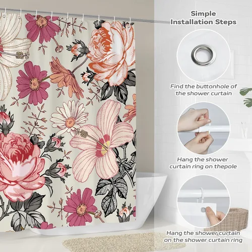 Miniatura 4 de Cortina de ducha floral rosa de 72 x 72 pulgadas, cortina de ducha retro de estilo rústico de mediados de siglo, para decoración de baño, tela