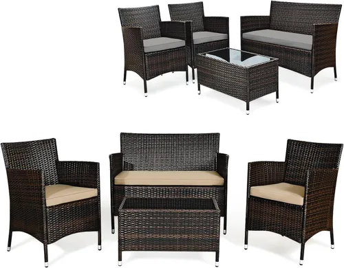 Miniatura 13 de Juego de sofá de patio de 4 piezas, juego de conversación de mimbre con respaldo ergonómico curvo, juego de muebles de ratán para patio con cojín