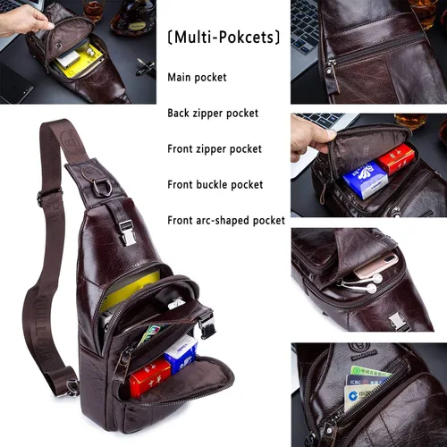 Miniatura 3 de Bolsos cruzados para hombre, bolso bandolera de cuero, mochilas casuales para el pecho, bolsa de hombro, mochilas de senderismo de viaje