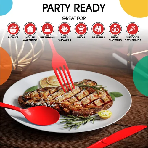 Miniatura 6 de Exquisite Cucharas de plástico rojas, 50 piezas, cucharas rojas, utensilios desechables, juego de cubiertos de plástico resistente, juegos de Rojo