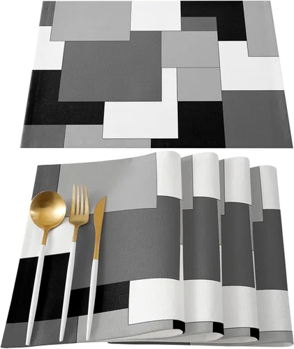 Miniatura 13 de Juego de 4 manteles individuales negros y amarillos, antideslizantes, lavables, manteles individuales de mesa de retazos de arte abstracto para mesa