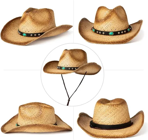 Miniatura 7 de Comhats Sombrero de paja de vaquero redondo de estilo occidental para mujer, cordón de barbilla Fedora de cuero vegano, ala moldeable, vaquera