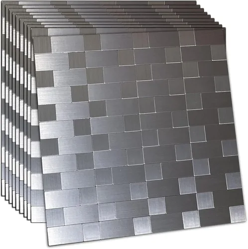 Miniatura 7 de Azulejo de 5 hojas para salpicaduras de despegar y pegar, adhesivo de metal autoadhesivo, azulejos de mosaico de aluminio cepillado para cocina