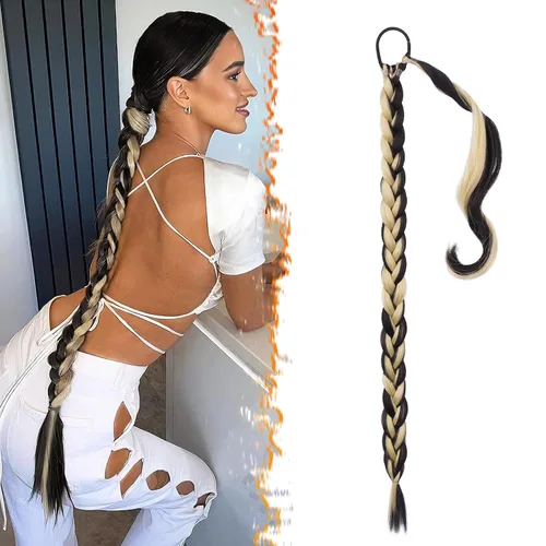 Miniatura 11 de Barsdar Extensión de 26 Pulgadas de Cola de Caballo Trenzada Larga con Banda Elástica - Extensiones de Cabello en Cola de Caballo Recta y Elegante