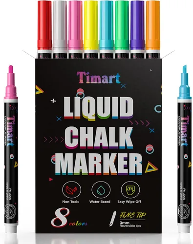 Timart Rotuladores de tiza líquida, marcadores de tiza de punta fina de 3 mm, 8 colores lavables para ventana, marcadores de borrado en seco para