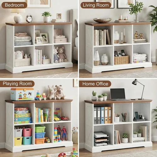 Miniatura 9 de IRONCK Organizador de almacenamiento de 6 cubos, estante de madera con almacenamiento, estantería de granja para dormitorio, sala de estar y oficina