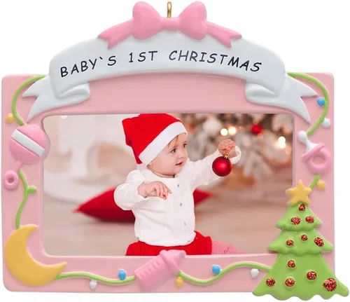 MAXORA Adorno de la primera Navidad del bebé 2025 - Adorno de fotografía de Navidad personalizado en marco rosa - Regalos personalizados para nietos